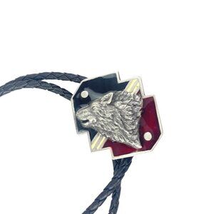Vintage Black Braided Bolo Tie With Silver Wolf Head Emblem & Metal Tips
